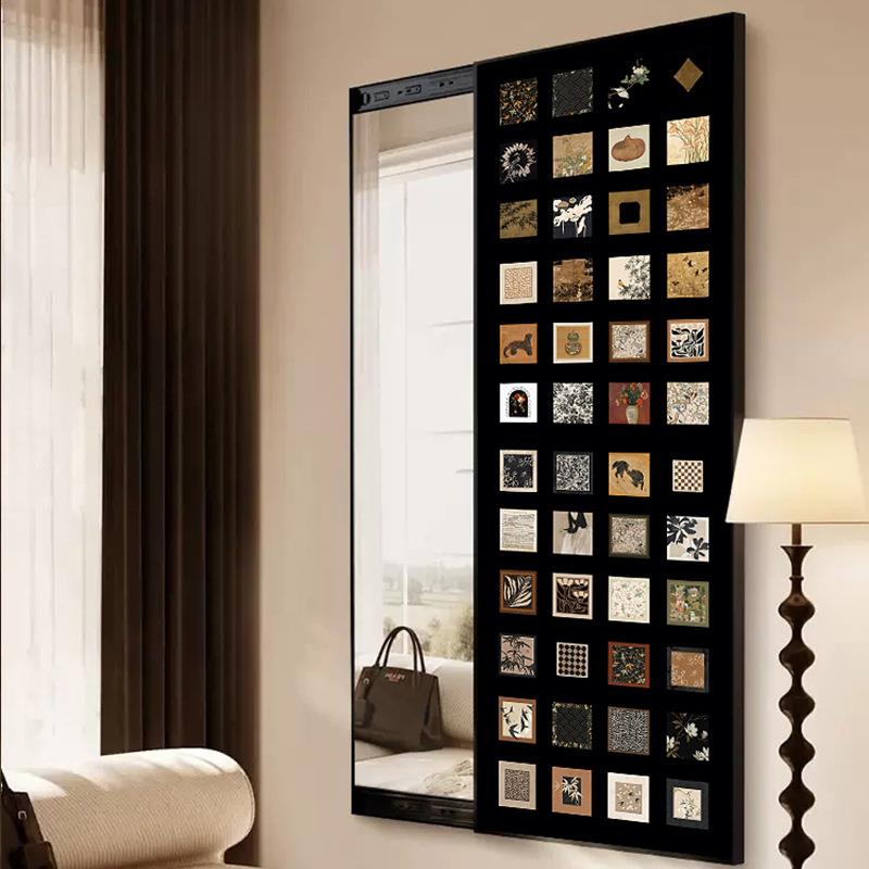 百联中古风镜子可遮挡可关闭隐藏推拉暗藏式全身镜隐形穿衣镜壁画