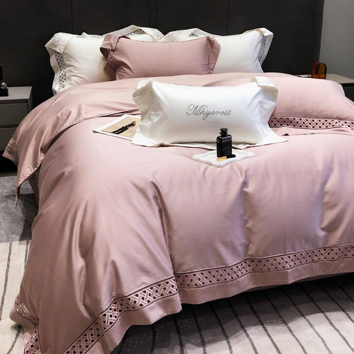 轻奢高定匹马棉四件套全棉纯棉镂空被套纯色样板房床品