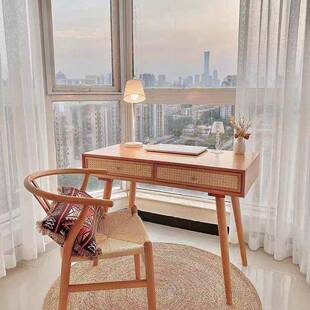 北欧小户型全实木书桌原木简约家用学生学习桌卧室藤编梳妆台一体