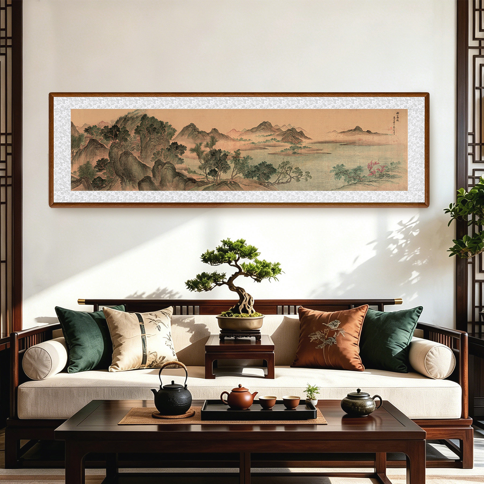 湖山春暖图山水画茶室挂画富春山居图办公室装饰画靠山客厅背景墙