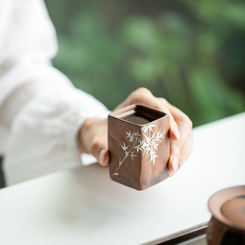 观策器隐老岩泥描银手绘竹影四方杯茶杯复古个人主人杯子陶瓷