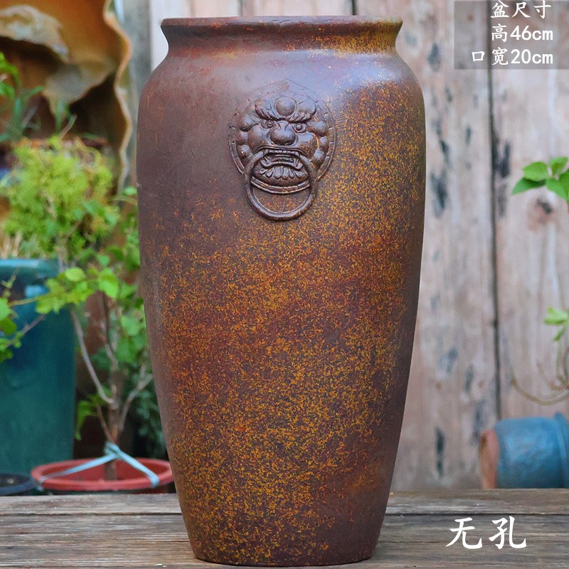 复古手工粗陶花盆大号无孔水培花盆花瓶酒店陶罐高筒室内花器插花