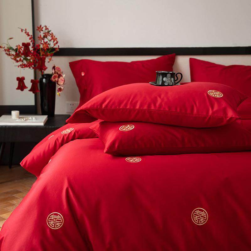 新中式婚庆100S长绒棉结婚四件套红色喜庆床单被套新婚家用简约款