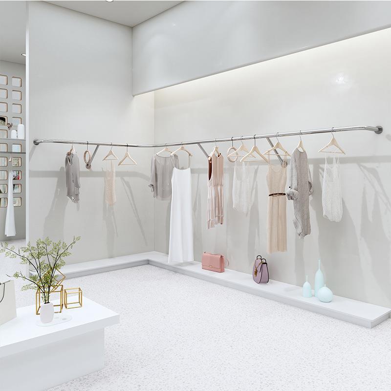 服装店展示架上墙不锈钢银色挂衣杆简约拐角壁挂式衣服陈列服装架
