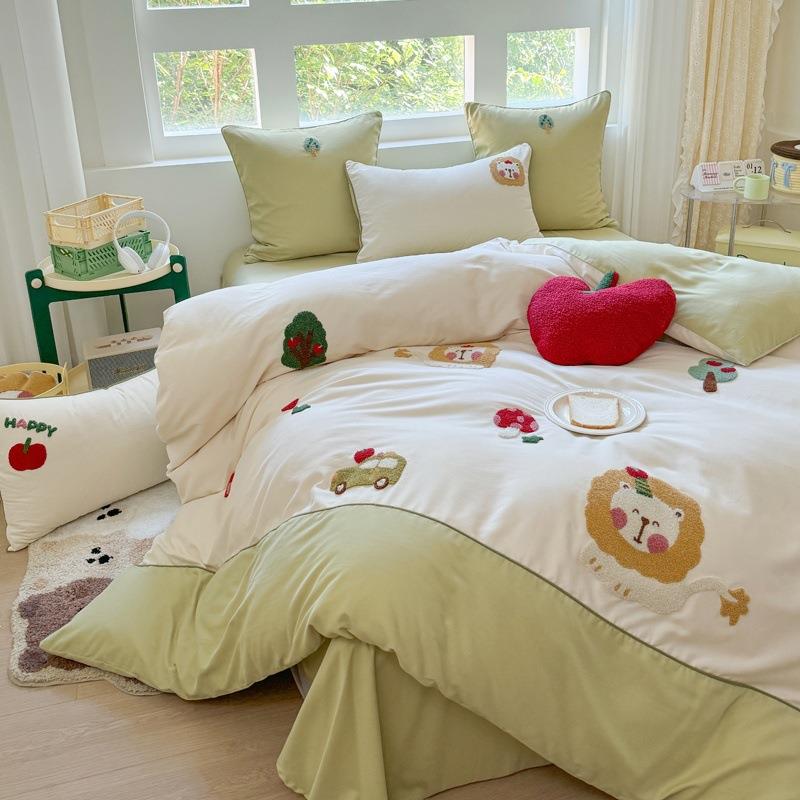 秋冬少女心全棉磨毛加厚四件套毛巾刺绣床单纯棉被套女生床上用品