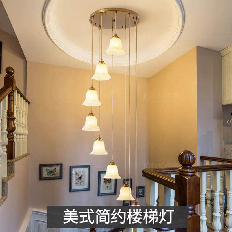 新品楼梯吊灯美式全铜复式楼梯间吊灯轻奢别墅中空旋转楼梯长吊灯