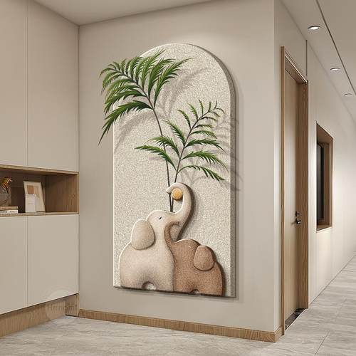 奶油风入户玄关装饰画大象立体砂岩仿真绿植画走廊过道高级感挂画