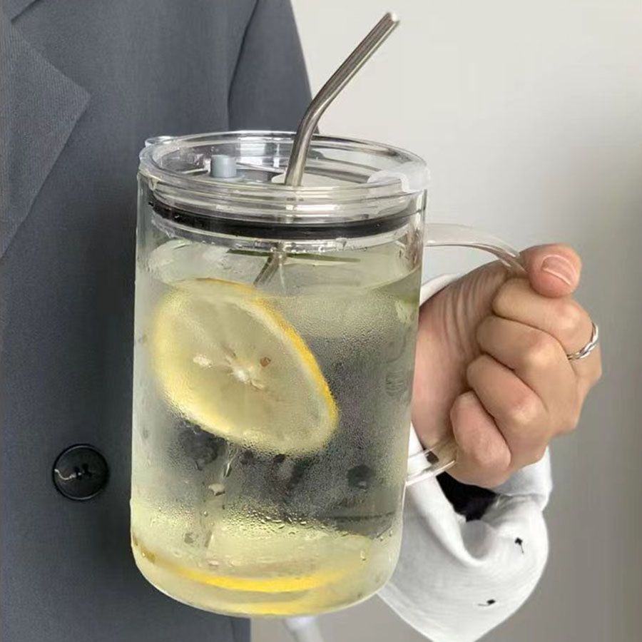 加厚1L玻璃杯大容量把手玻璃吸管杯ins高颜值耐热水杯家用喝水杯图片