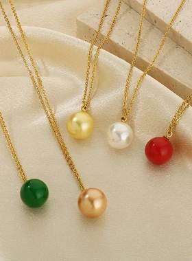 韩版时尚气质贝壳珍珠吊坠钛钢锁骨链简约多色珍珠项链女饰品