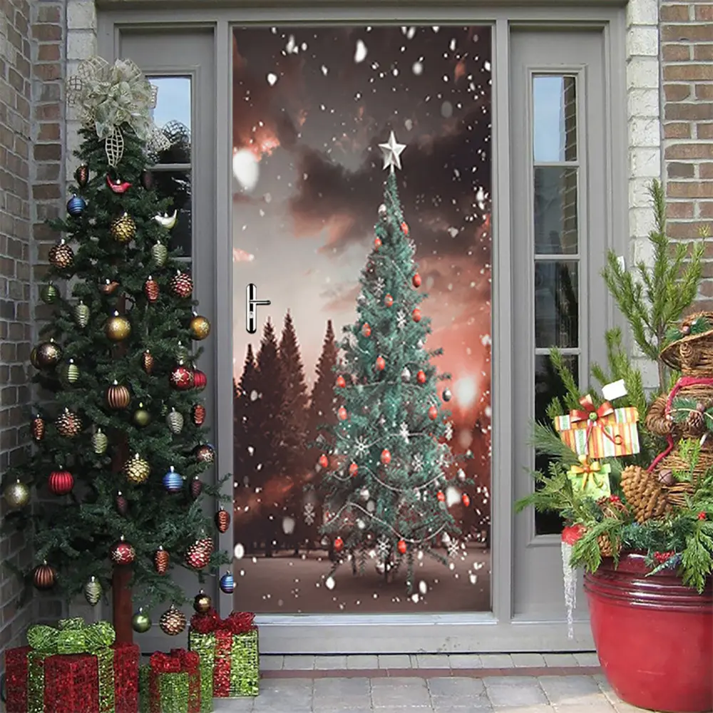尚易圣诞节门贴仿3d圣诞树木门翻新自粘贴纸装饰墙贴贴纸f119