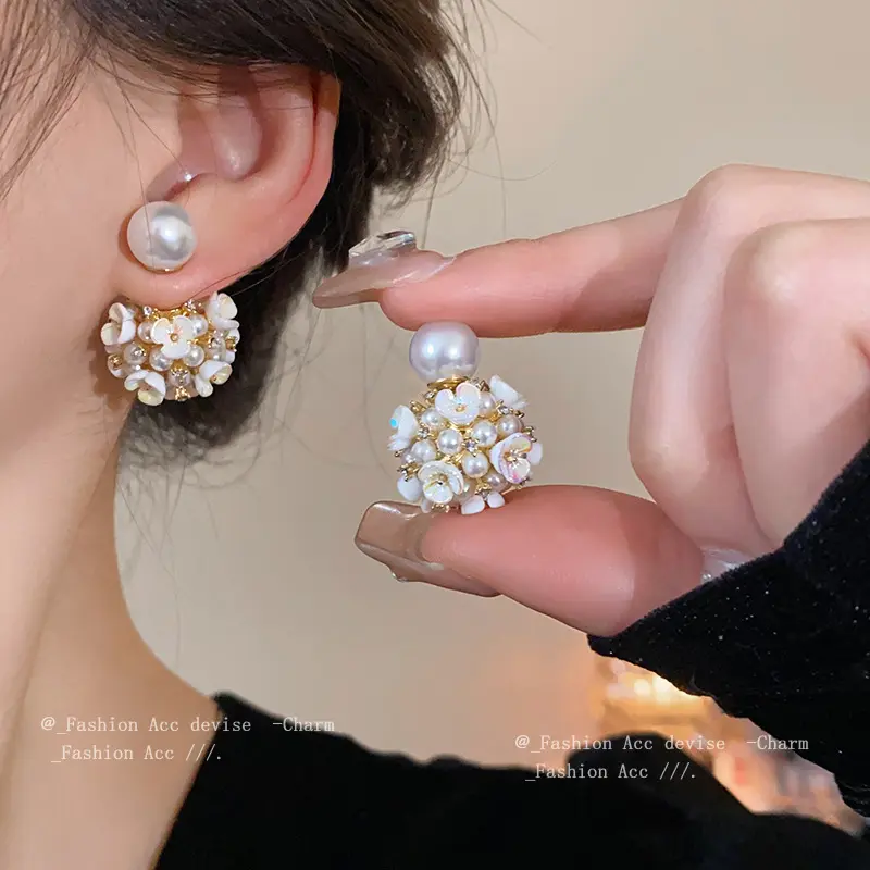 银针花朵珍珠耳钉小众时尚设计感耳环轻奢气质高级感复古耳饰