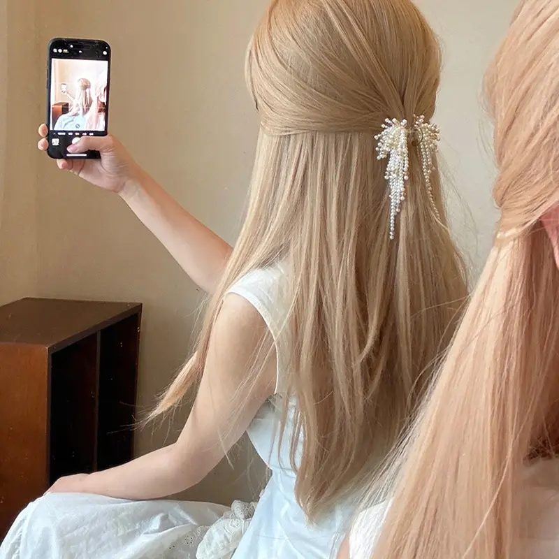 珍珠串珠流苏发夹女后脑勺半扎发盘发夹高级感发量少抓夹发饰