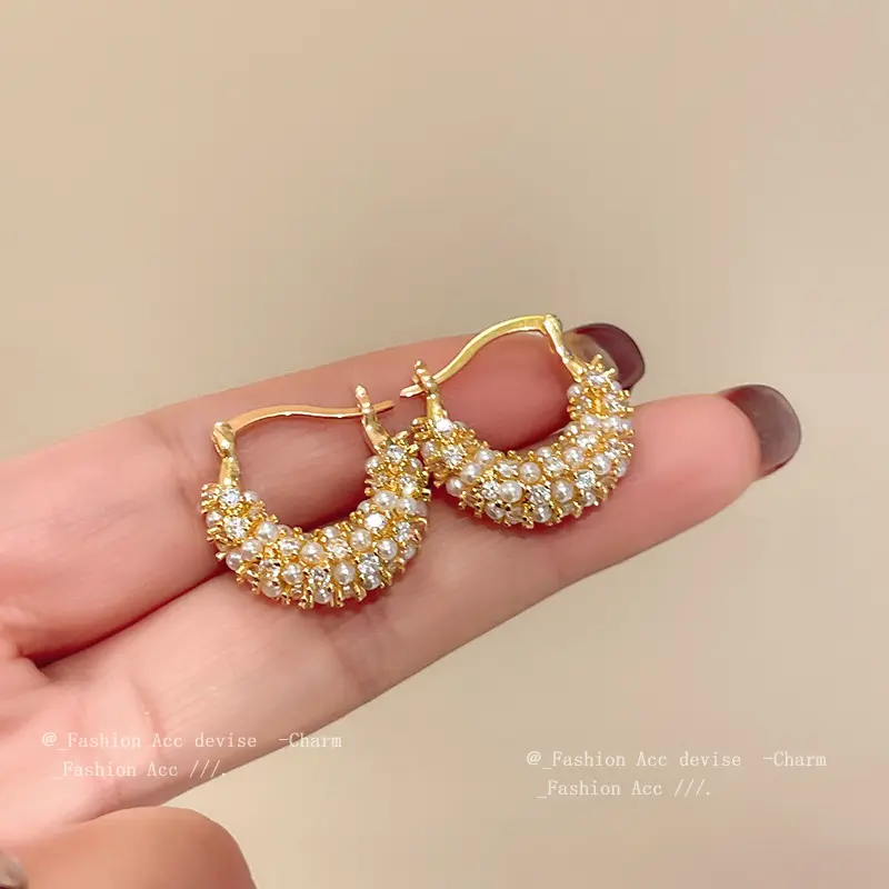 真金电镀锆石u形珍珠耳扣法式复古耳环轻奢高级感气质耳饰女