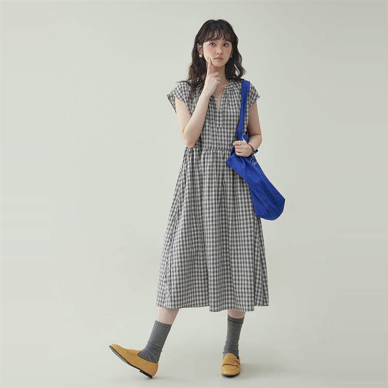 北岛AMUU原创黑格抽绳v领纯棉连衣裙女夏季新款a字短袖中长裙