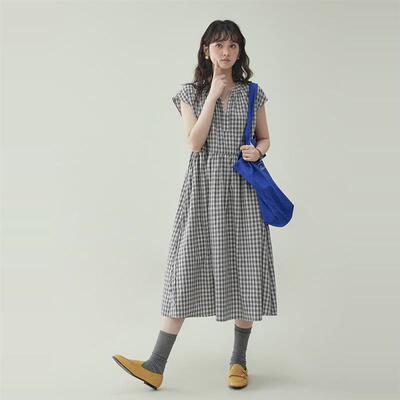 北岛AMUU原创黑格抽绳v领纯棉连衣裙女夏季新款a字短袖中长裙