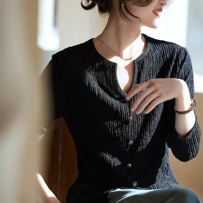 Basic House/百家豪黑色V领织体针织女式2025秋季新款长袖t恤