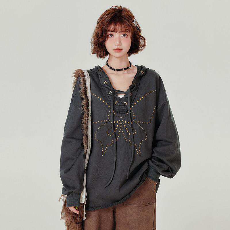 Girlyhalo美式复古连帽卫衣女秋冬新水洗做旧铆钉系带V领宽松上衣