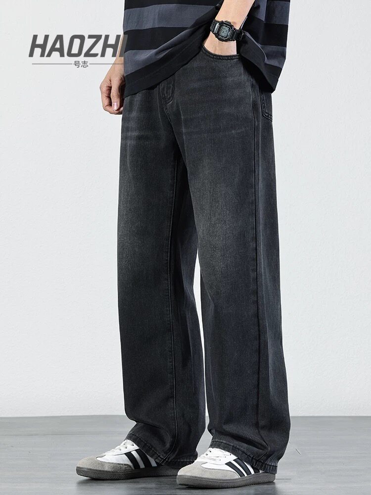 号志HAOZHI黑色牛仔裤男士松紧腰春秋男裤宽松直筒阔腿休闲长裤子