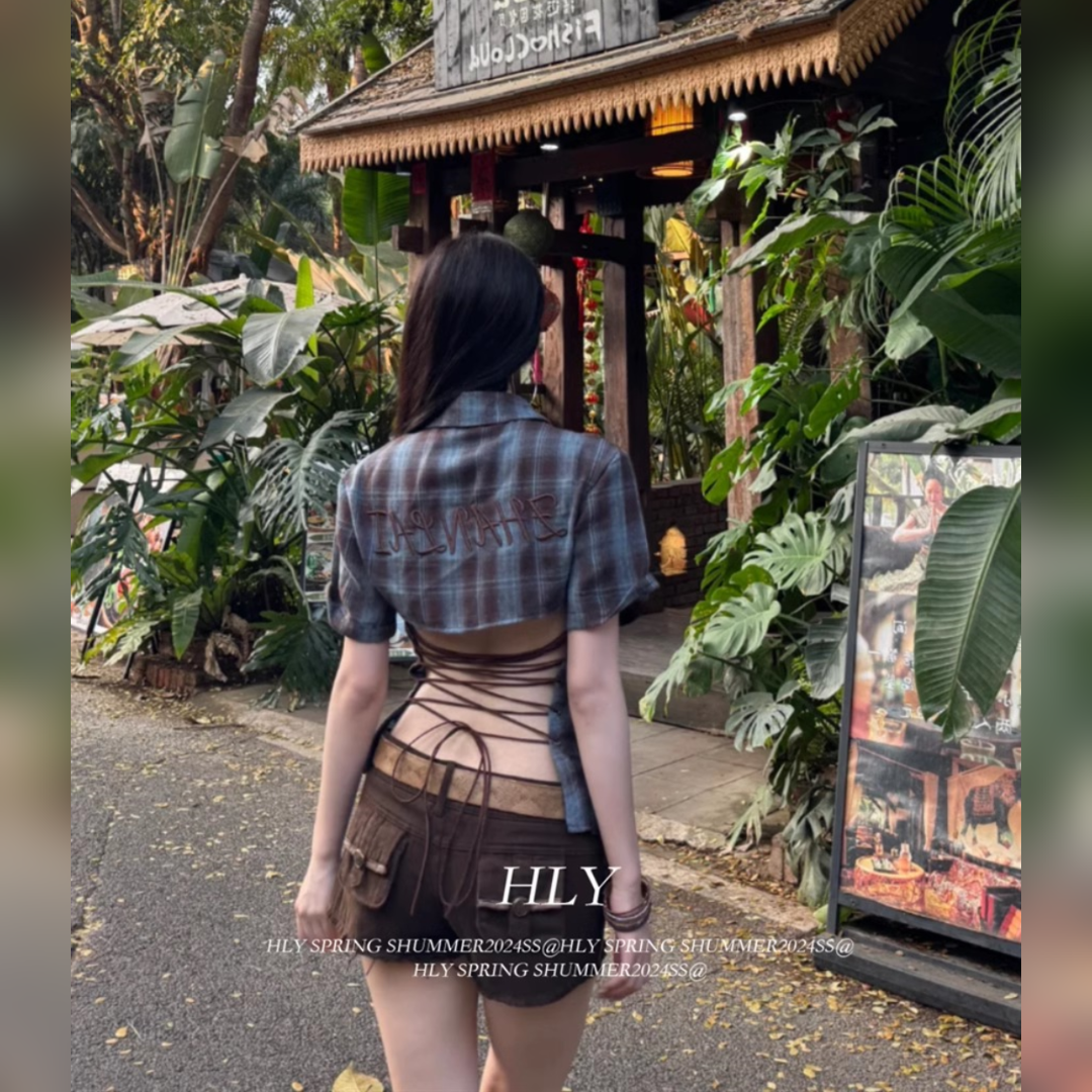 辣妹复古格子绑带露背衬衫女春季设计感小众衬衣修身显瘦短款上衣