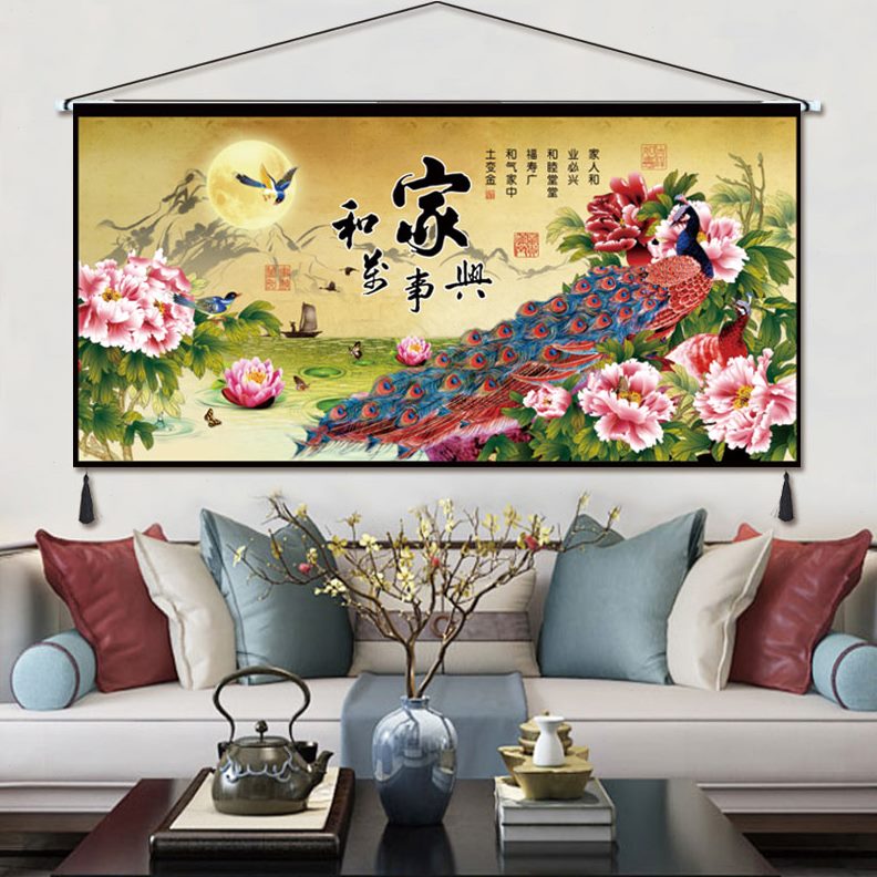 牡丹墙画横版家和万事兴卧室装饰画布艺中式挂画画布客厅挂毯挂布图片