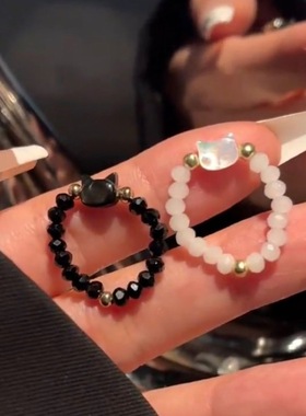 黑白猫头食指戒可爱猫咪情侣指环