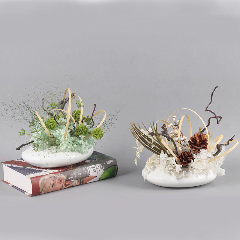 样板房花艺摆件现代轻奢精致白色扁形小型仿真花茶几桌面软装饰品