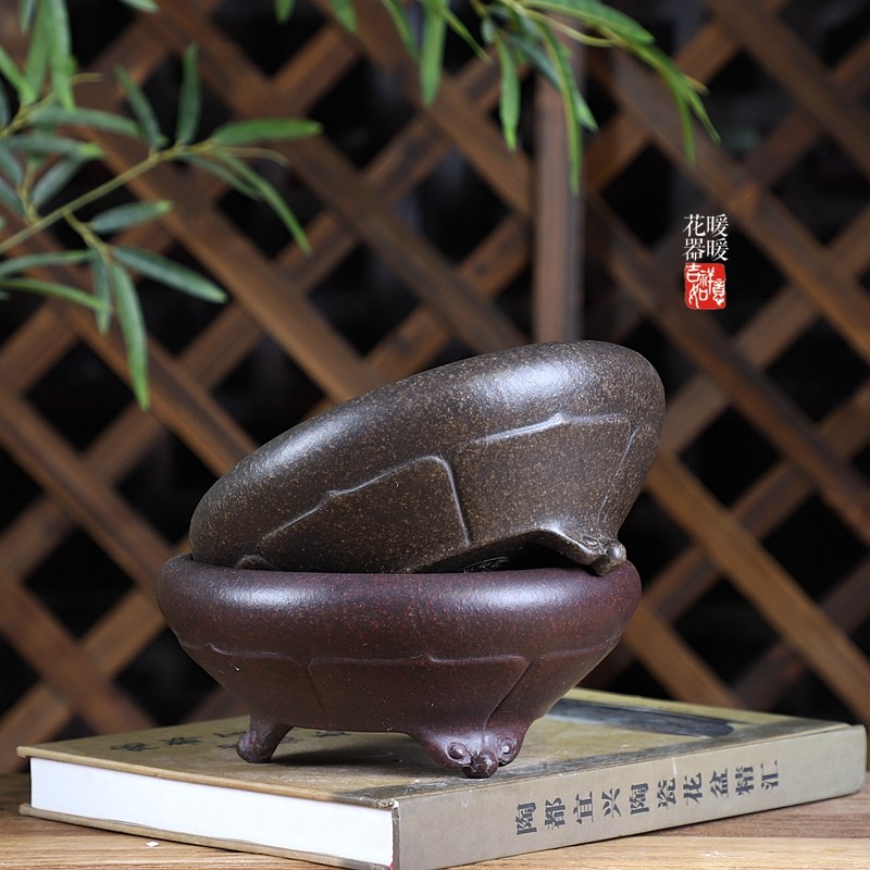 莲花窝口圆盆 暖暖花器 20cm室内桌面紫砂花盆  盆景盆