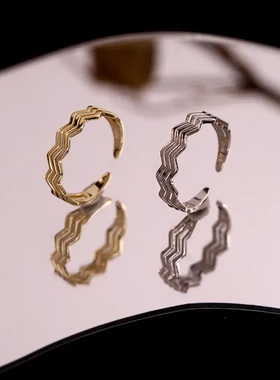 s925银日韩波浪纹戒指女小众设计开口食指闺蜜指环时尚个性