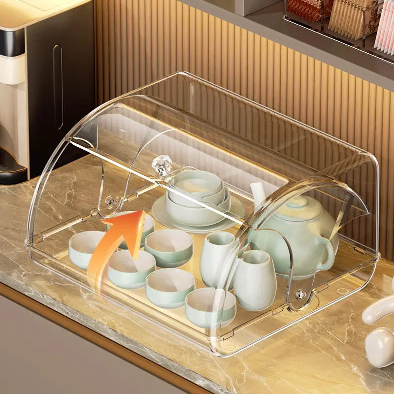 翻盖式茶具收纳盒茶杯茶具透明整理柜餐桌厨房橱柜杯子收纳置物架