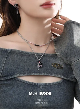 黑色喷漆双层叠戴项链女小众设计感锁骨链时尚ins百搭吊坠女