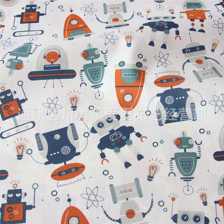 机器人 斜纹纯棉卡通布料 全棉床品面料 服装布料 宝宝印花