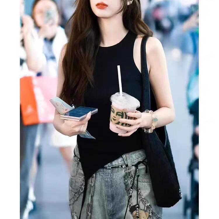 吴宣仪同款黑色吊带背心不规则飘带设计感修身显瘦无袖T恤上衣夏