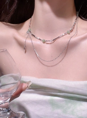 绿色双层流苏串珠项链女高级清冷感小众设计辣妹冷淡风锁骨链配饰