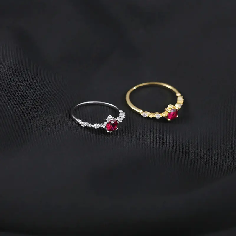 s925银镀14k金酒红石榴石闭合戒指日系轻奢精形指环女