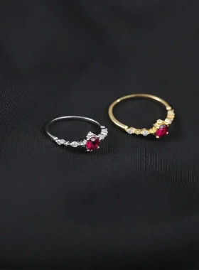 s925银镀14k金酒红石榴石闭合戒指日系轻奢精形指环女