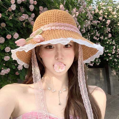 夏季透气郁金香蕾丝草帽太阳帽子大帽檐海边草编遮全脸遮阳防晒帽