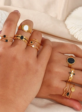 欧美ins热卖不锈钢戒指饰品黑白滴油太阳月亮星星三层开口戒