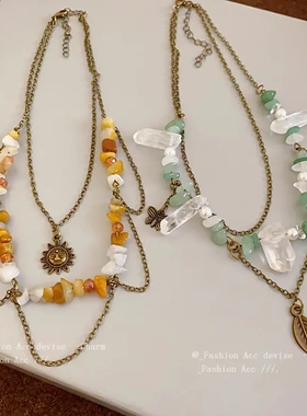 树叶珍珠绿东陵石项链民族风夸张锁骨链小众复古国潮项饰