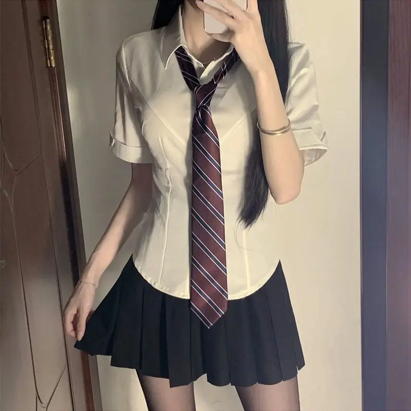 jk制服纯欲风辣妹收腰衬衫美式学院风时尚修身显瘦短袖上衣套装女