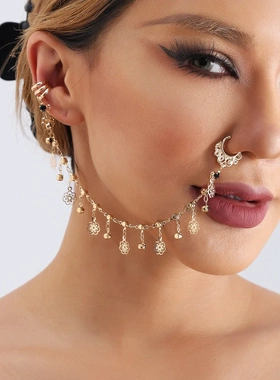 欧美鼻环饰品 民族风黑色仿水晶流苏一体式耳钉鼻环 甜酷金属鼻夹