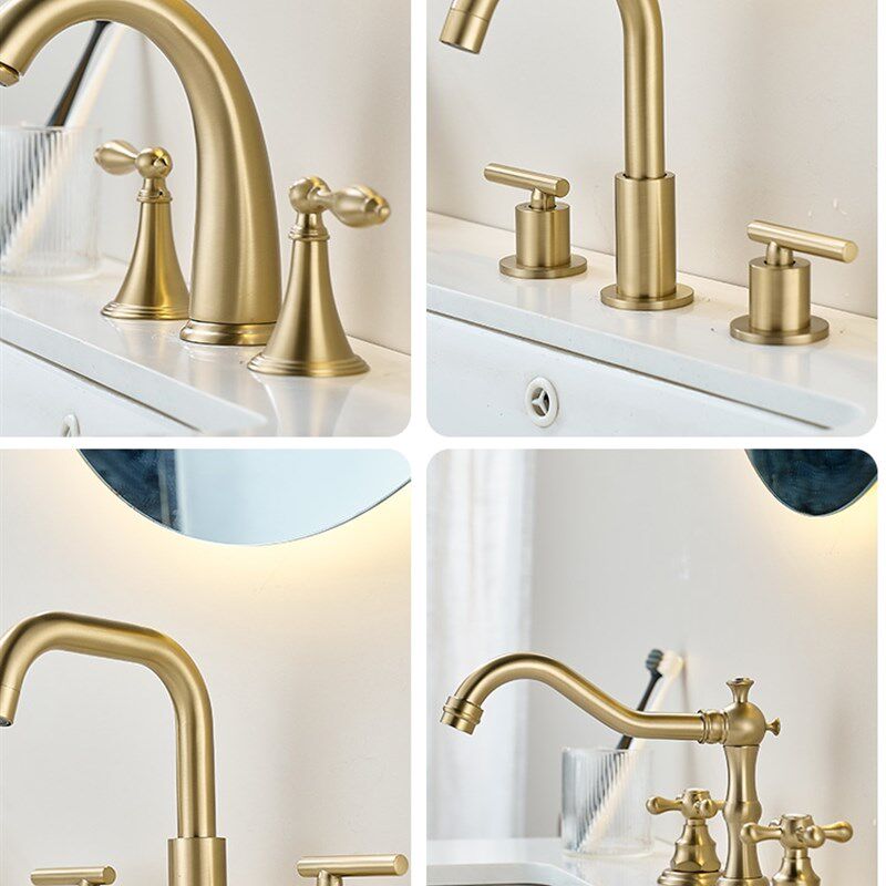 旗舰店欧式全黄铜三孔面盆龙头分体式卫生间拉丝金洗手洗脸
