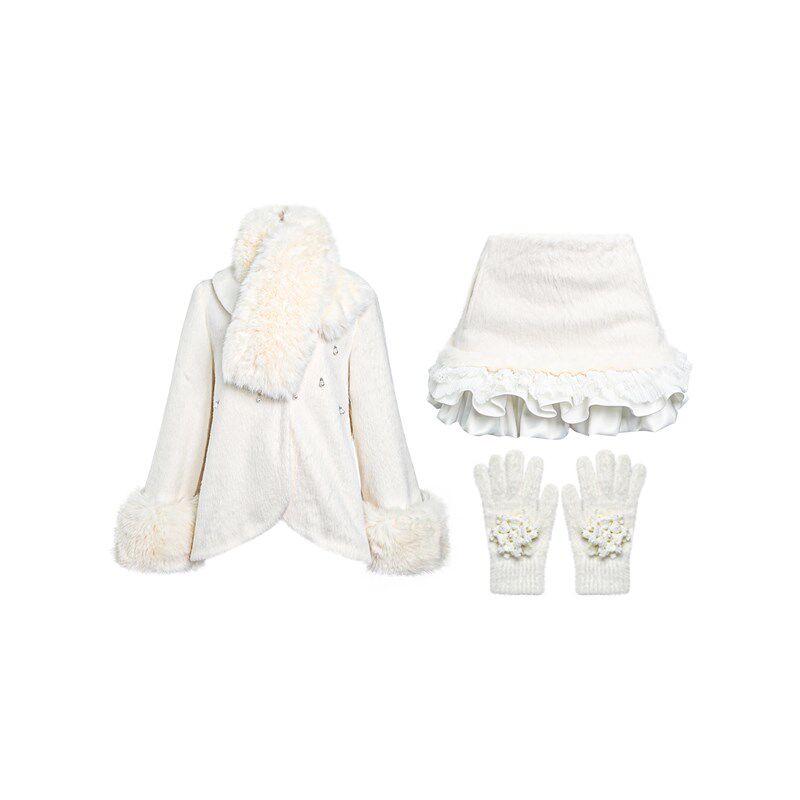 甜梨呆呆 冬日卢森堡  冬季毛毛拼接短款毛呢外套+短裙半身裙套装