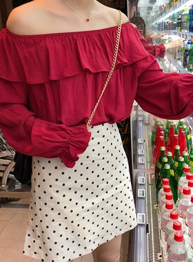 仙气上衣女学生夏季衬衫一字领甜美喇叭袖小清新白色露肩雪纺衣女