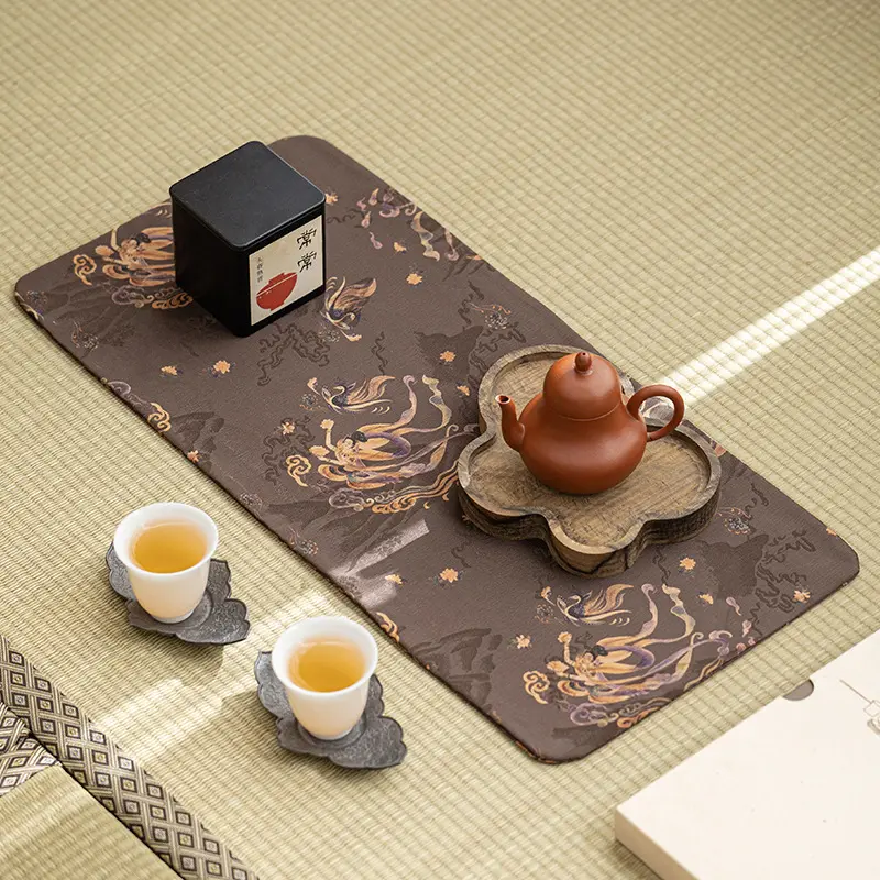 聚酯香云纱禅意小茶席中式高端桌垫布双面双用复古风布艺茶道配件