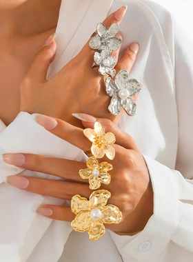 欧美饰品 叠戴风褶皱花卉合金戒指 几何镶嵌珍珠开口ring套装