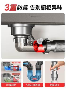 新款厨房洗盆防臭接下水单槽水器三QPC通净洗菜池排水管菜套装