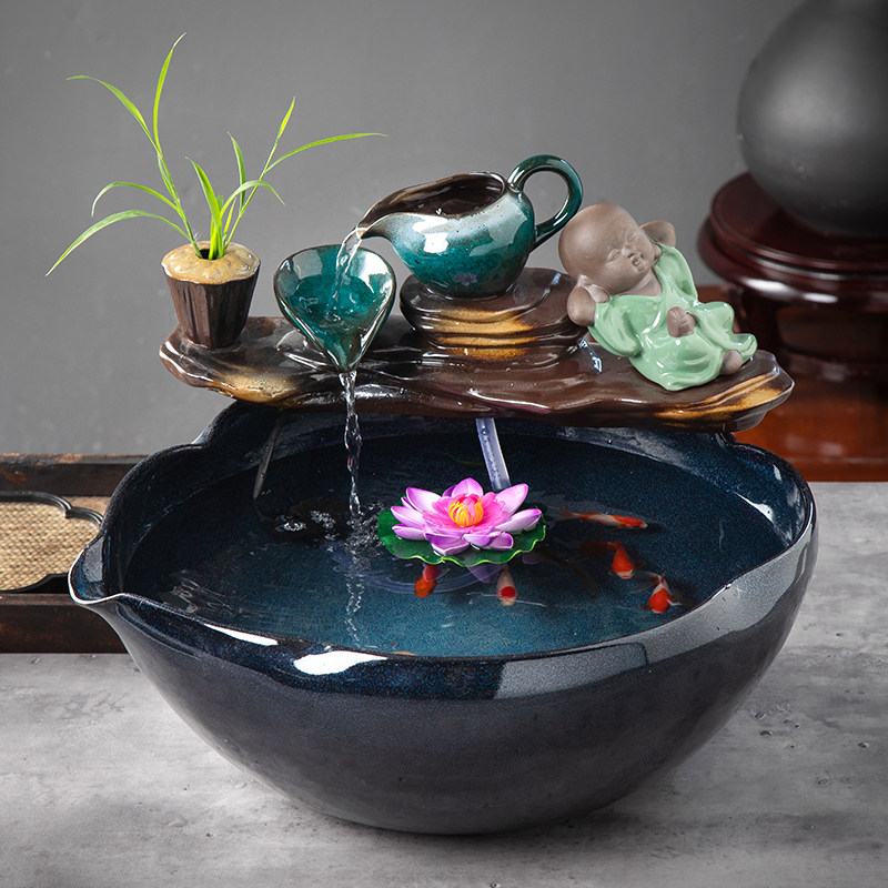 循环陶瓷流水器风水办公室加湿器养鱼盆自动流水客厅睡莲荷花缸