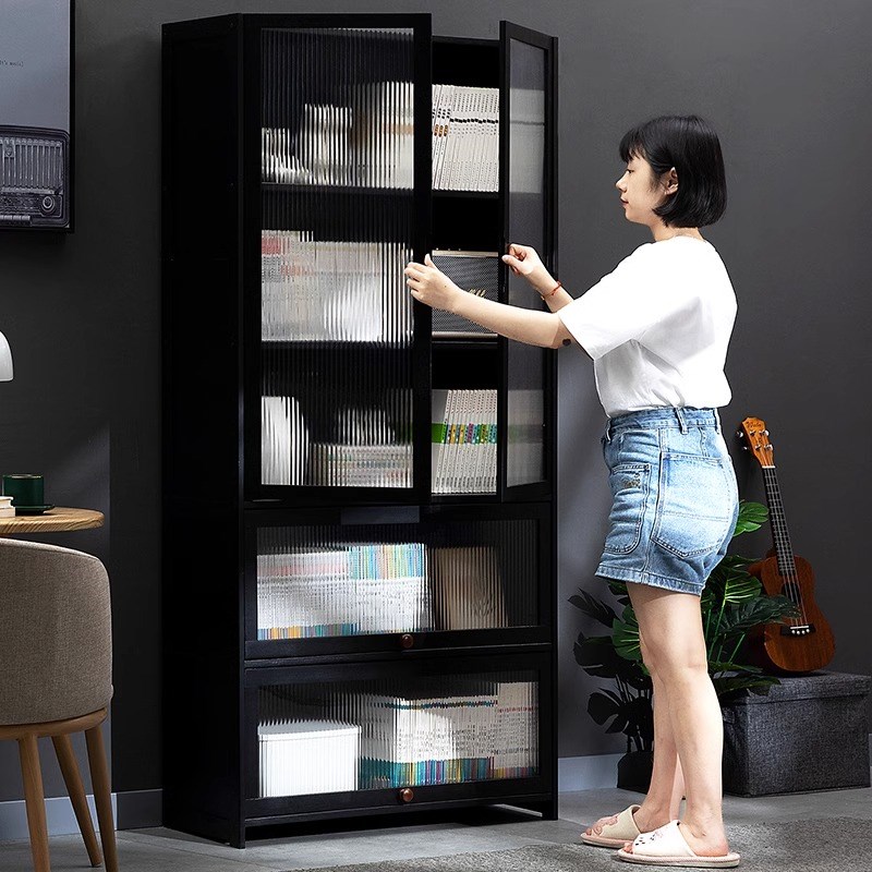 书柜现代简约带门防尘格子柜实木书架窄柜置物落地储物柜组合立柜