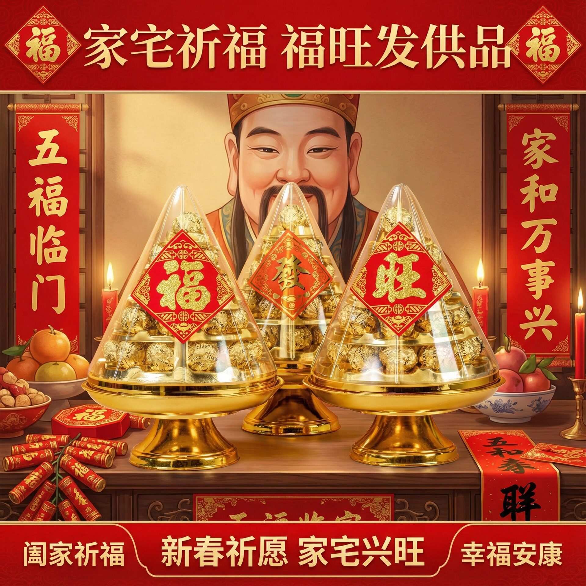 春节拜拜供品巧克力礼盒金字塔送底盘28粒发财金沙球全景伴手礼物