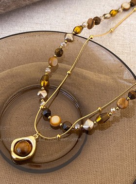 秋冬复古虎眼石款天然石串珠项链套装女轻奢时尚锁骨链气质毛衣链